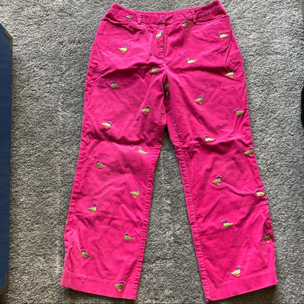 Pink Corduroy Pants with Mallard Duck embroidery.